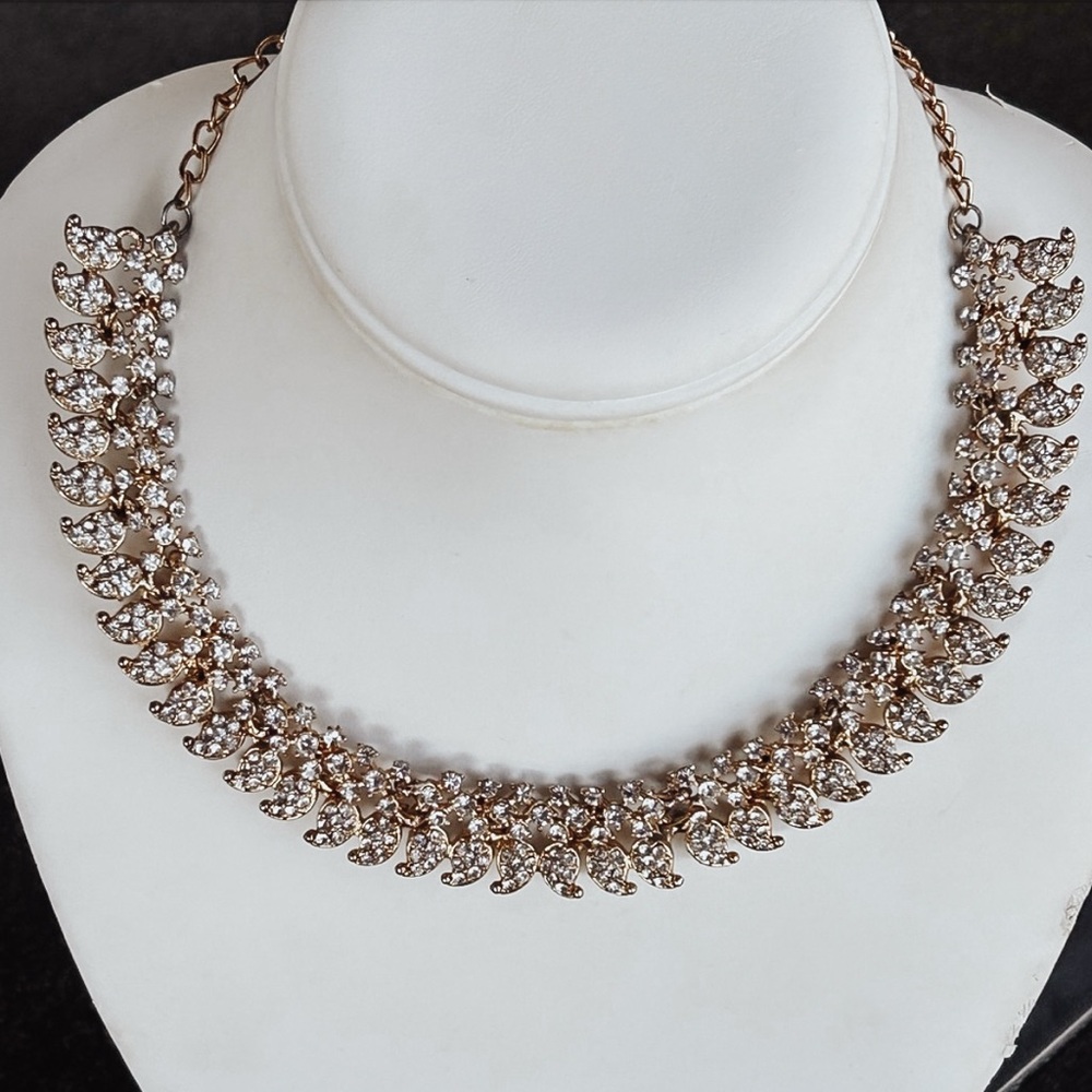 Gold Rhinestone Leaf Statement Necklace | Sparkly Crystal Collar Choker